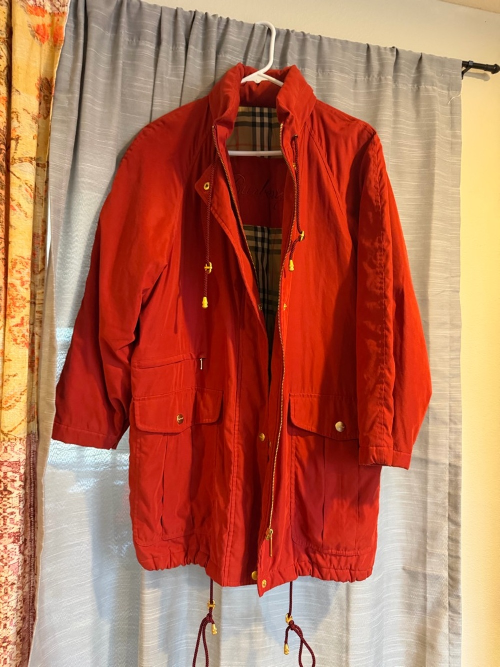 Vintage Burberrys Deep Red Jacket with Beige Tan and Navy Check Lined